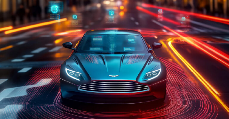 Futuristic autonomous car illuminated by red and orange data streams, with holographic AI interfaces overlaying the windshield on a smart city street at night
