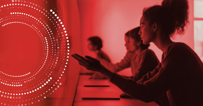 Students engaging with digital learning tools in a red-toned environment, overlaid with circular data visualisations representing AI-enhanced education.